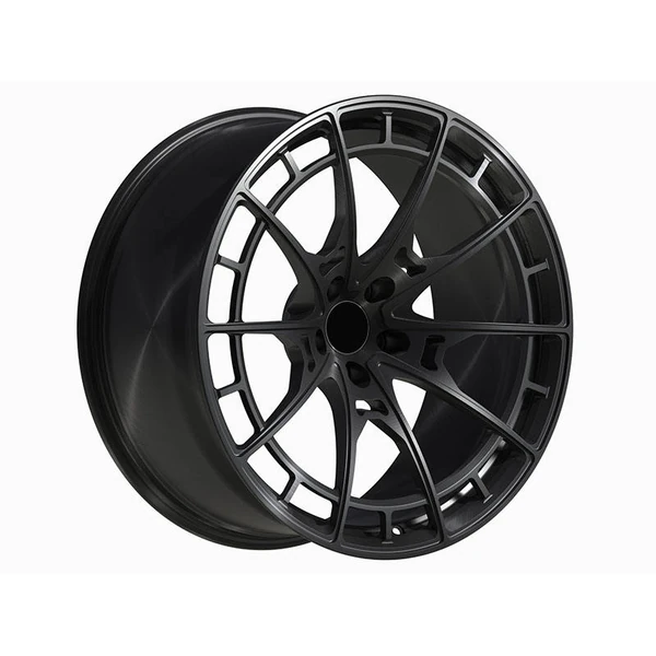 Black Open-Rim Split-Spoke Forged Wheel — Three-quarter design view