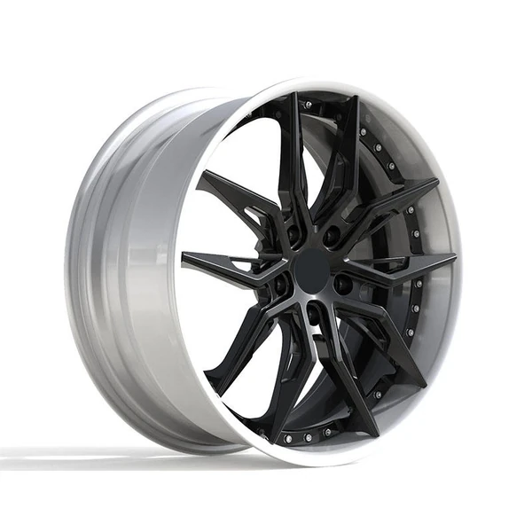 Black Slotted Y-Spoke Polished-Lip Forged Wheel — Three-quarter black face and polished lip