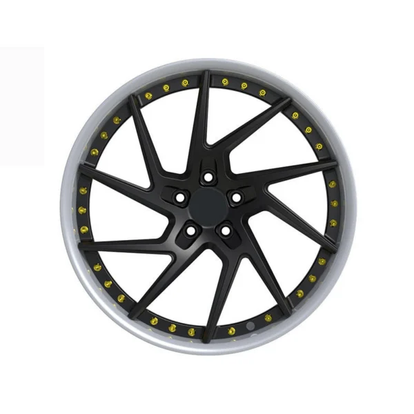 Black Open Y-Spoke Silver-Lip Forged Wheel — Front five-hole design with gold-tone details