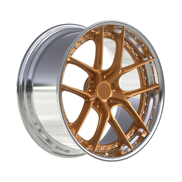 Gold Blade Y-Spoke Forged Wheel — Three-quarter gold-face and polished-silver-rim design example