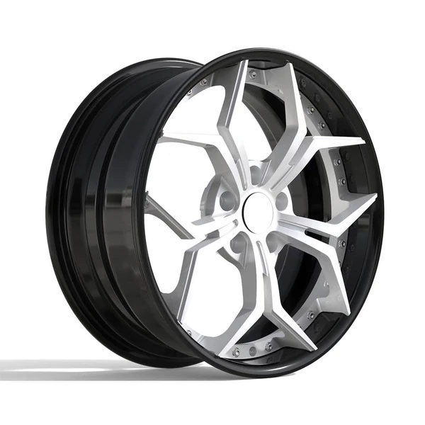 Silver Angular Y-Spoke Black-Barrel Forged Wheel — Three-quarter silver angular y-spoke black-barrel