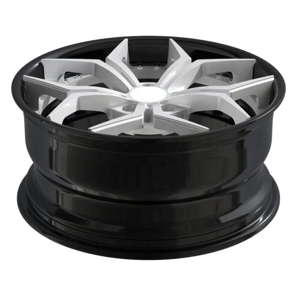 Silver Angular Y-Spoke Black-Barrel Forged Wheel — Elevated face and deep barrel view