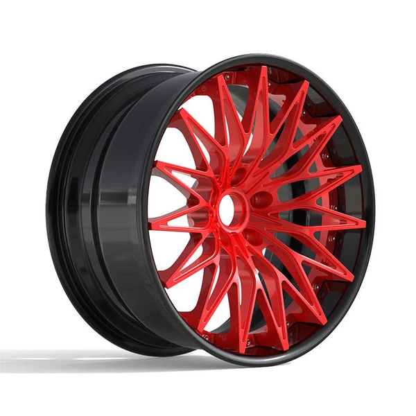 Red Slotted Multi-Spoke Forged Wheel — Three-quarter red slotted multi-spoke
