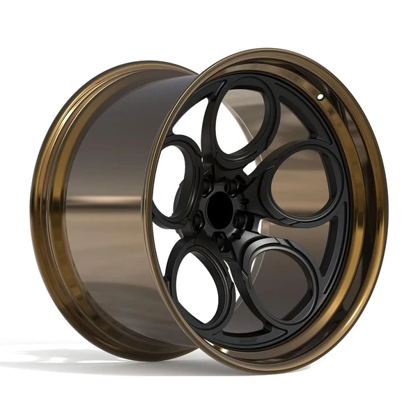 Black Five-Loop Bronze-Barrel Forged Wheel — Three-quarter black five-loop bronze-barrel