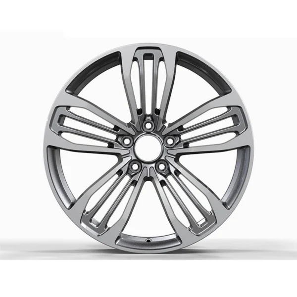 Silver Slotted Five-Spoke Forged Wheel — Straight-on five-hole design example