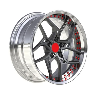 Red-Accent Geometric Split-Spoke Forged Wheel