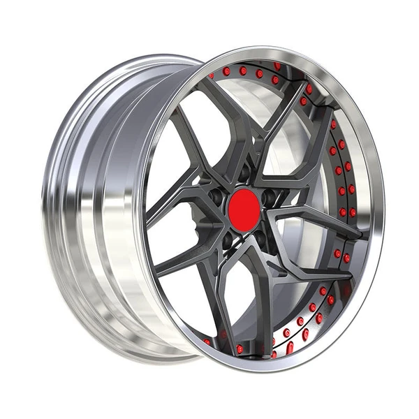 Red-Accent Geometric Split-Spoke Forged Wheel — Three-quarter red-accent geometric split-spoke design
