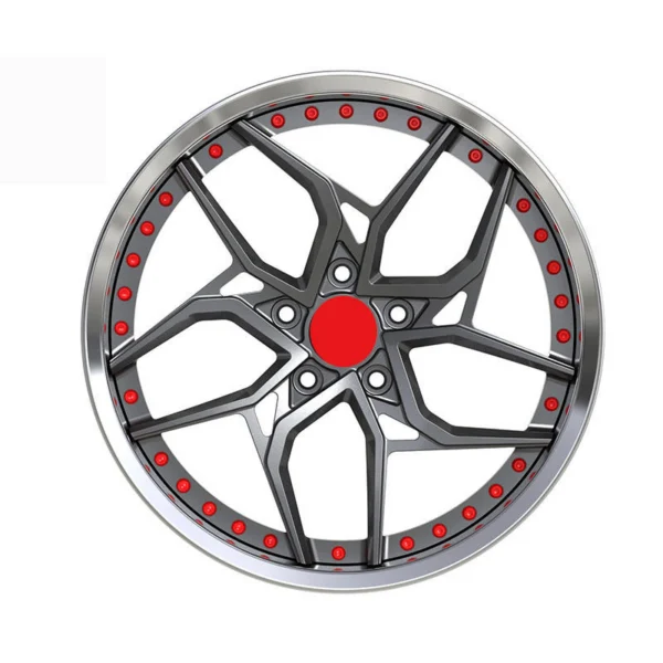 Red-Accent Geometric Split-Spoke Forged Wheel — Straight-on five-hole design example