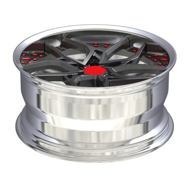 Red-Accent Geometric Split-Spoke Forged Wheel — Elevated face and barrel profile