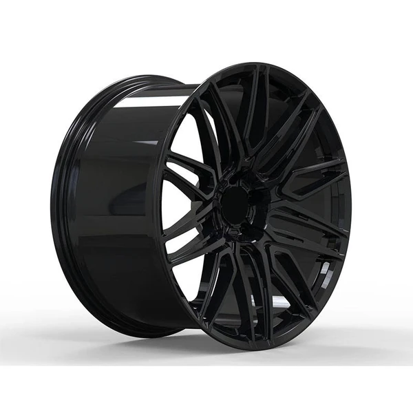 Black Slotted Multi-Spoke Forged Wheel — Three-quarter gloss-black slotted multi-spoke face