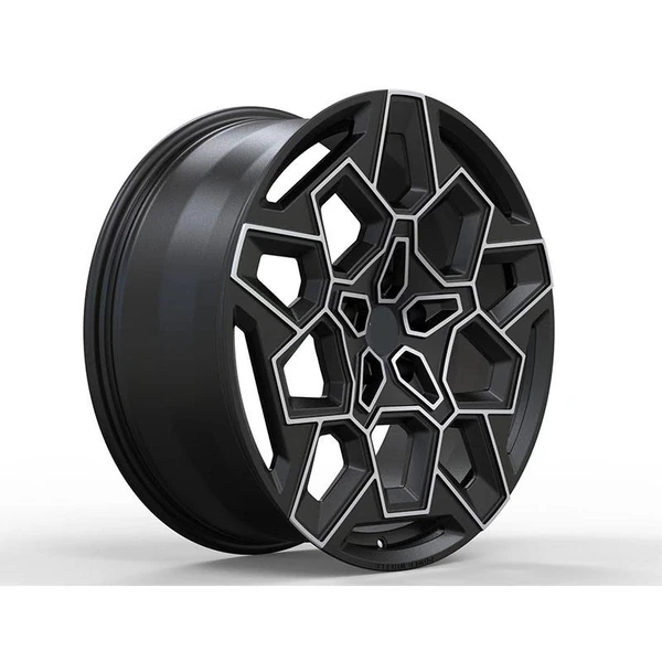 Black Silver Polygon-Window Forged Wheel — Three-quarter black polygon windows and silver edge lines