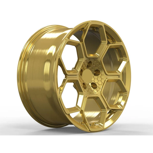 Gold Hexagon-Window Forged Wheel — Three-quarter gold hexagon windows and honeycomb centre