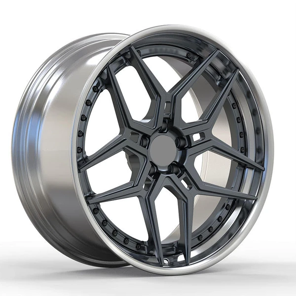 Graphite Angular Y-Spoke Forged Wheel — Three-quarter graphite angular Y-spokes and silver lip