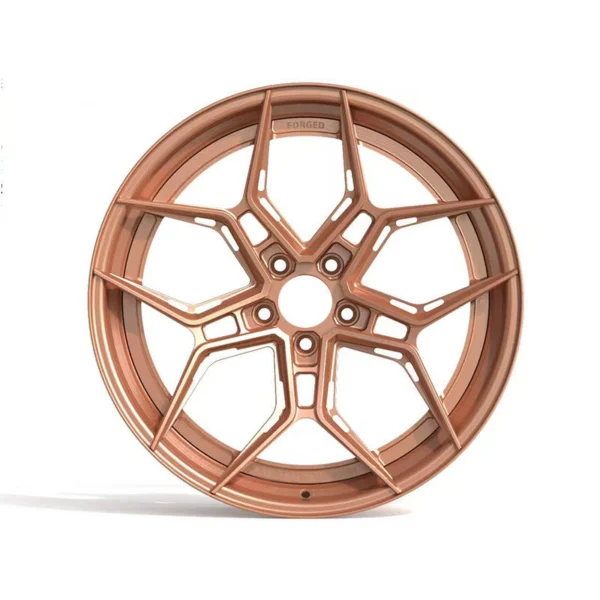 Copper Geometric Y-Spoke Monoblock Wheel — Front five-hole hub and branch relief slots