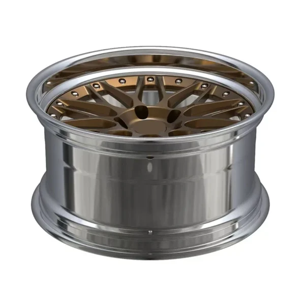 Bronze Split-Spoke Deep-Lip Forged Wheel — Elevated side view of the matching bronze face and polished deep barrel