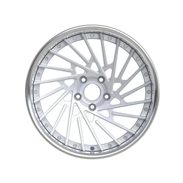Polished Spiral-Spoke Deep-Lip Forged Wheel — Front swept arms, triangular root windows and five bolt holes
