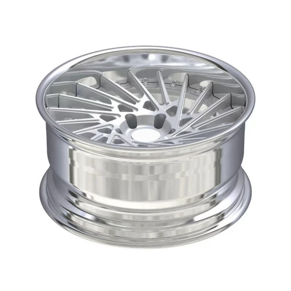 Polished Spiral-Spoke Deep-Lip Forged Wheel — Elevated side view of the same polished face and barrel