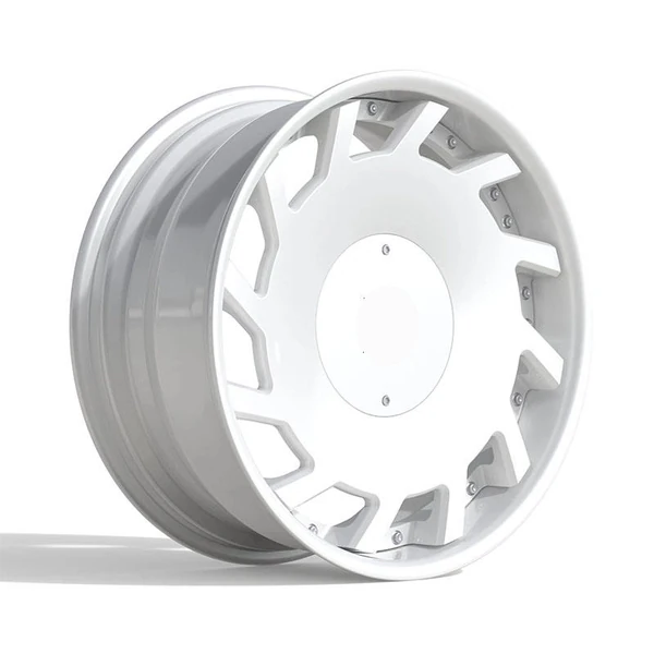 White Angled-Window Disc Forged Wheel — Three-quarter white disc, angled windows and metallic barrel