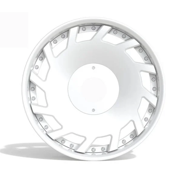 White Angled-Window Disc Forged Wheel — Front white disc and circular centre cover with two small fixings