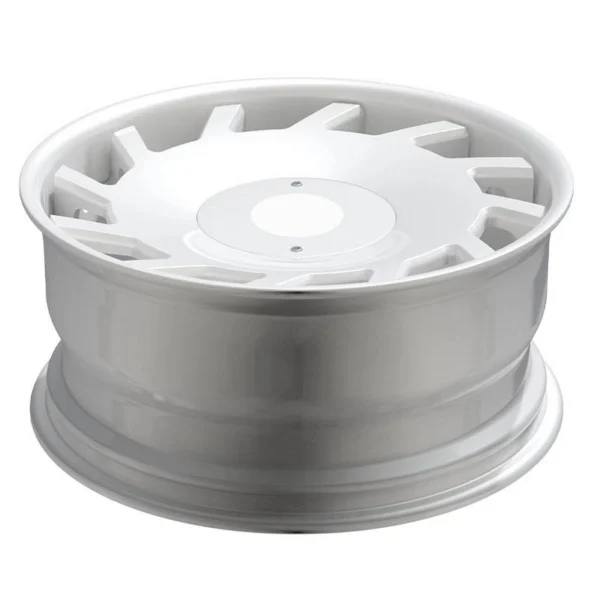 White Angled-Window Disc Forged Wheel — Elevated side view of the matching covered-centre disc and barrel