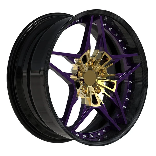 Purple Gold Cutout Y-Spoke Forged Wheel — Three-quarter purple arms, sculpted gold hub and black barrel