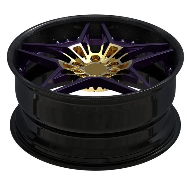 Purple Gold Cutout Y-Spoke Forged Wheel — Elevated side profile of the same purple-gold face and dark barrel