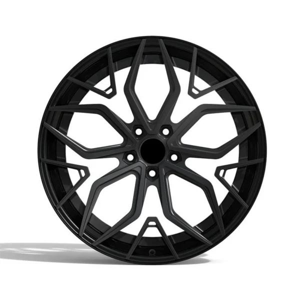 Black Branch-Window Monoblock Wheel — Front pentagonal windows, short secondary forks and five bolt holes