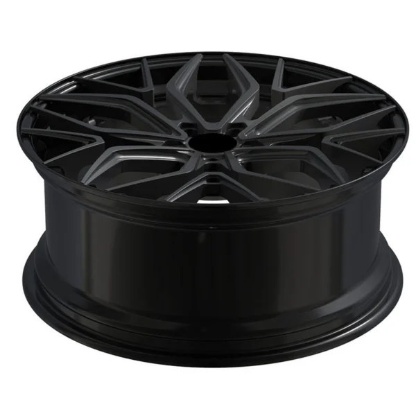 Black Branch-Window Monoblock Wheel — Elevated side profile of the same black branch-window wheel
