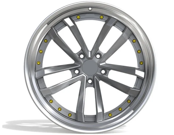 Silver Double-V Deep-Lip Forged Wheel — Front five double-V groups, gold-coloured fasteners and five bolt holes
