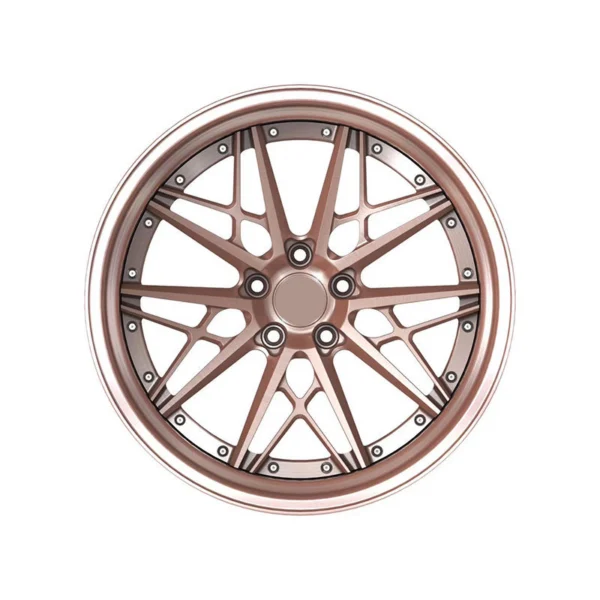 Rose Copper Cross-Braced Y-Spoke Monoblock Wheel — Front fine cross-supports, root windows and five mounting holes