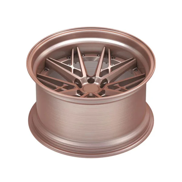 Rose Copper Cross-Braced Y-Spoke Monoblock Wheel — Elevated side profile of the same face and rose-copper barrel