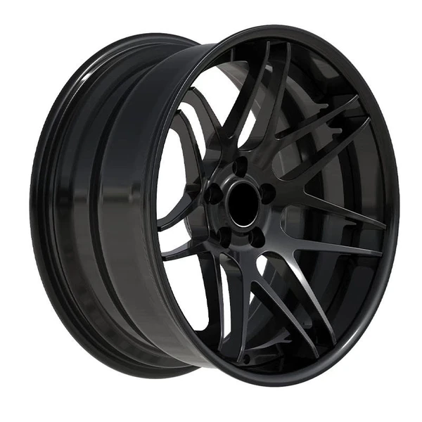 Black Curved Split-Spoke Monoblock Wheel — Upright three-quarter view of black paired-spoke wheel