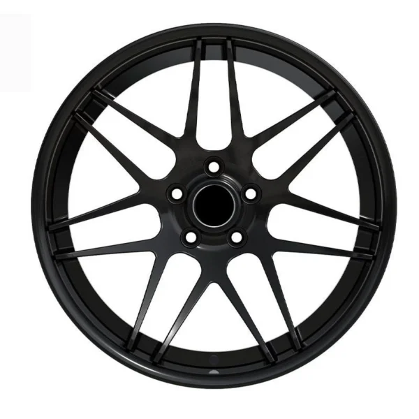 Black Curved Split-Spoke Monoblock Wheel — Front view of five paired spokes and five bolt holes