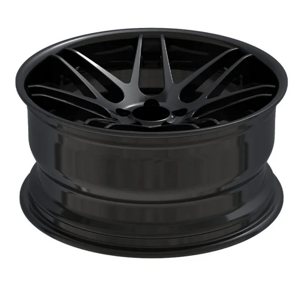 Black Curved Split-Spoke Monoblock Wheel — Elevated face-up view showing the black barrel depth