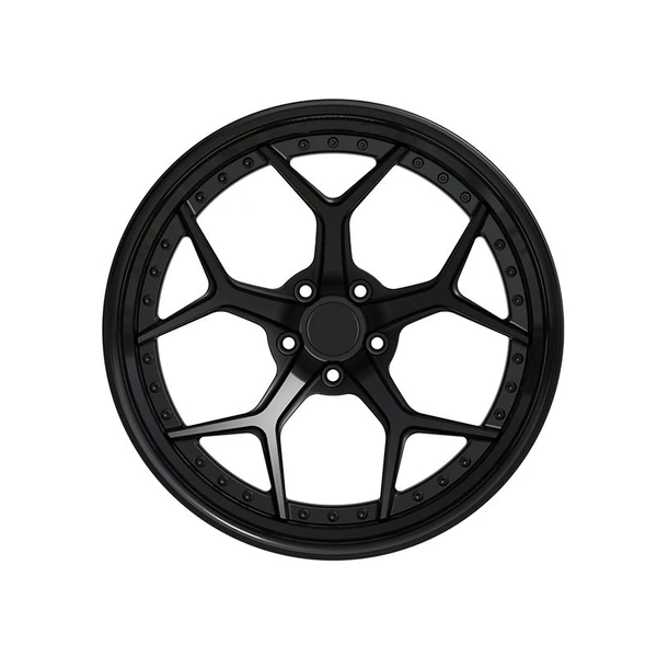 Black Open-Y Deep-Lip Forged Wheel — Straight-on black five-Y face and five-hole hub