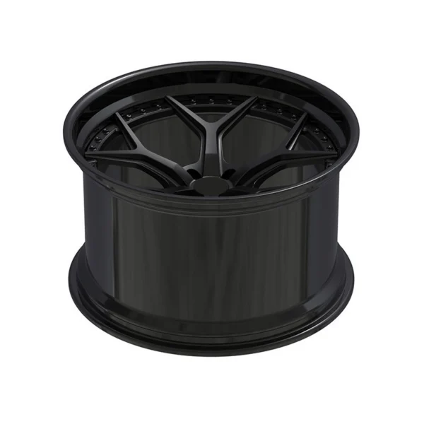 Black Open-Y Deep-Lip Forged Wheel — Face-up barrel view with rim fastener details