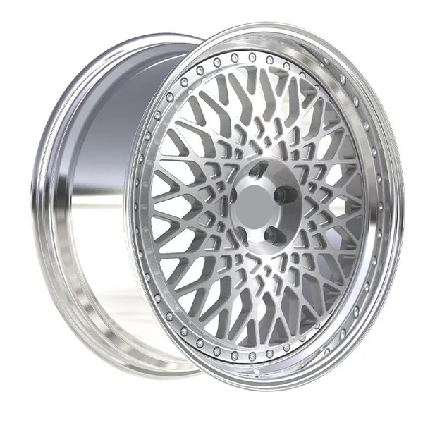 Silver Layered-Mesh Deep-Lip Forged Wheel — Upright three-quarter silver mesh face and deep polished lip