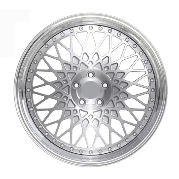 Silver Layered-Mesh Deep-Lip Forged Wheel — Straight-on mesh pattern with five visible bolt holes