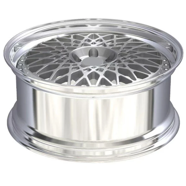 Silver Layered-Mesh Deep-Lip Forged Wheel — Face-up silver barrel and recessed mesh profile