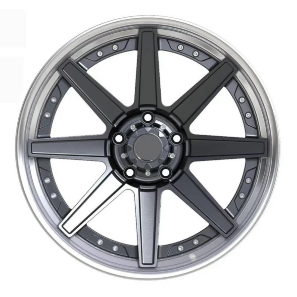 Graphite Eight-Spoke Polished-Lip Forged Wheel — Straight-on five-hole hub and eight rectangular-panel spokes