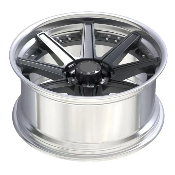 Graphite Eight-Spoke Polished-Lip Forged Wheel — Elevated face-up view showing spoke profile and barrel