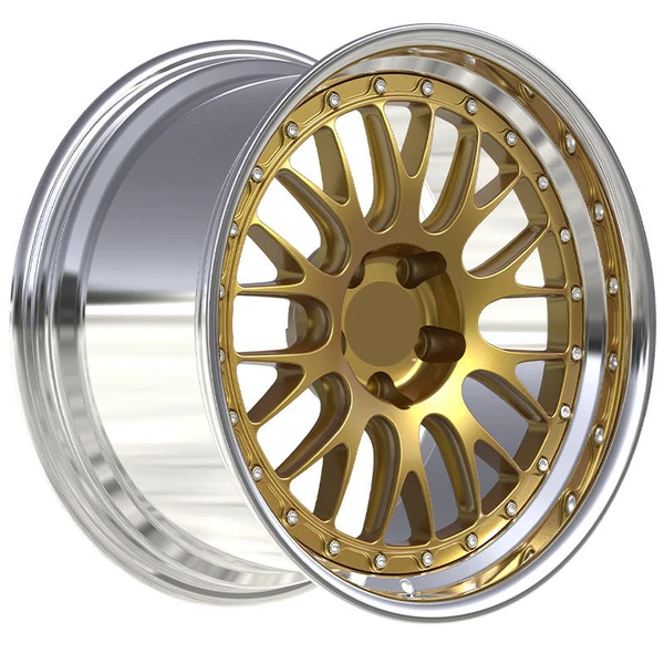 Gold Rounded-Window Polished-Lip Forged Wheel — Three-quarter gold face and deep bright silver barrel