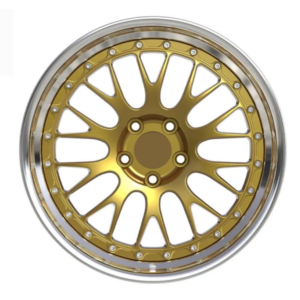 Gold Rounded-Window Polished-Lip Forged Wheel — Front rounded-window pattern and five-hole hub