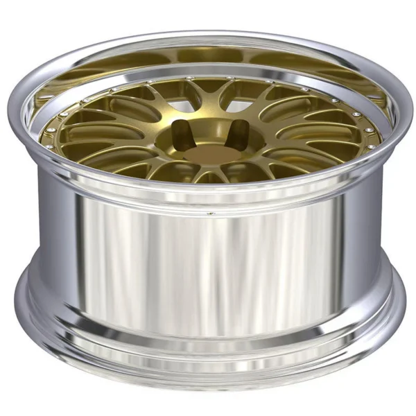 Gold Rounded-Window Polished-Lip Forged Wheel — Elevated face-up view showing rounded openings and barrel