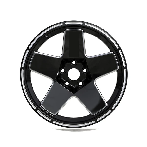 Black Broad-Five Silver-Outline Monoblock Wheel — Straight-on broad five-spoke face and five-hole hub