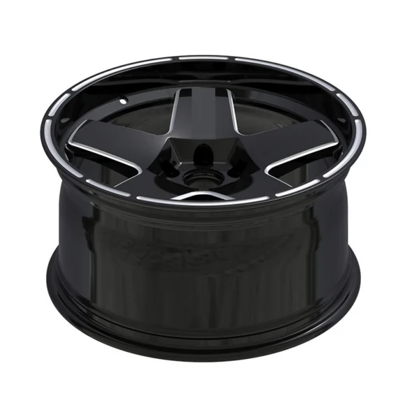 Black Broad-Five Silver-Outline Monoblock Wheel — Elevated face-up view of recessed hub and barrel depth