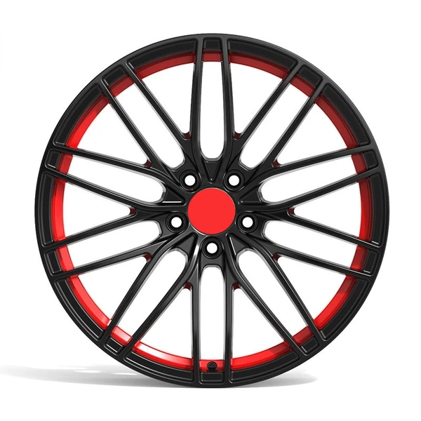 Black Fine-Spoke Red-Accent Monoblock Wheel — Front fine black spokes with red rim band and centre cap