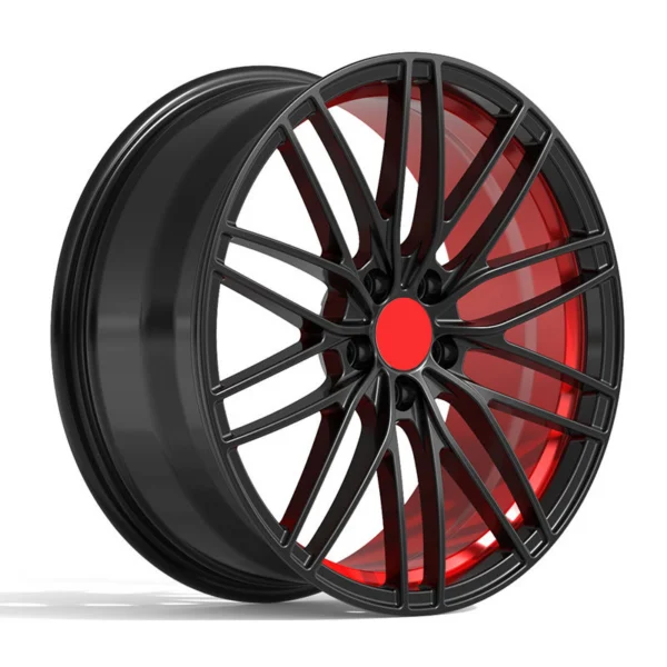 Black Fine-Spoke Red-Accent Monoblock Wheel — Upright three-quarter face showing red inner band and black barrel
