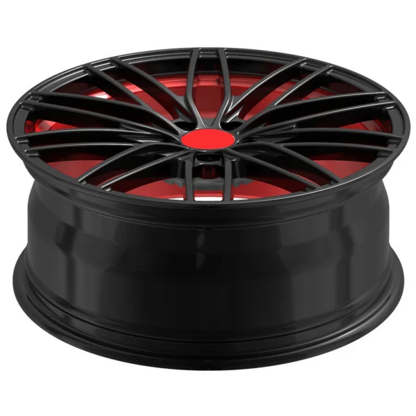 Black Fine-Spoke Red-Accent Monoblock Wheel — Elevated face-up spoke profile and black barrel depth