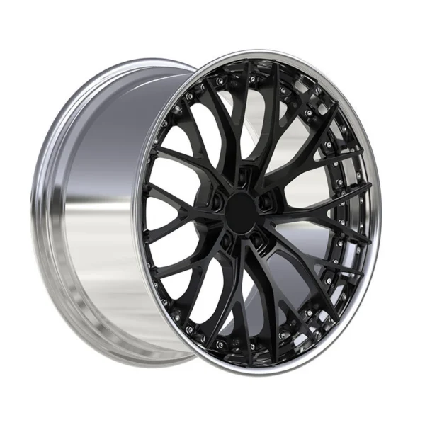 Black Branch-Spoke Polished-Lip Forged Wheel — Three-quarter black face and deep bright silver barrel